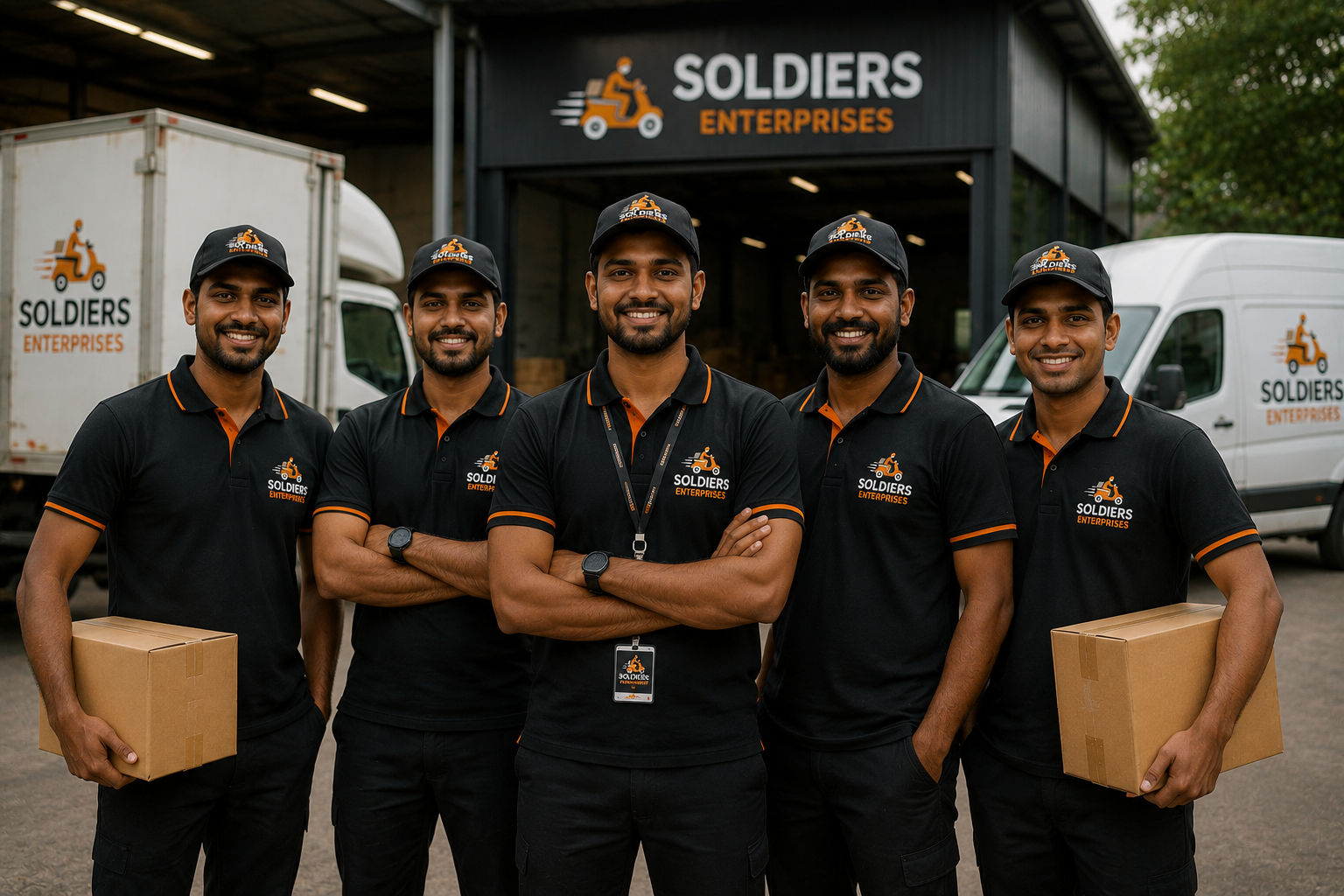 The Soldiers Enterprises rider fleet and team gathered outside their hub with delivery trucks and scooters