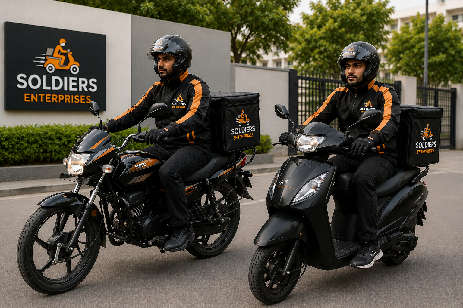 Soldiers Enterprises delivery vans and a rider ready for local dispatch